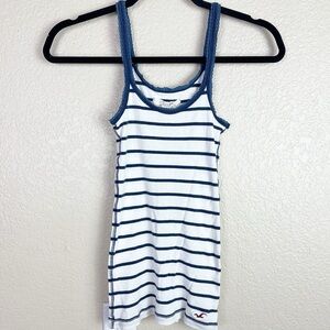 Y2K Hollister XS Striped Tank Top Camisole Lace Trim White Blue Stripe